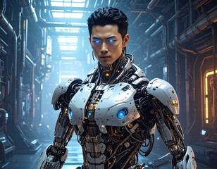 Futuristic robot in a metallic corridor