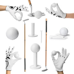 Golf club, ball, tee and player's hand in glove isolated on white, set