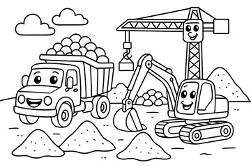 Fototapeta premium Smiling Construction Machines. Construction site coloring page: dump truck, excavator, and crane with smiling faces, piles of sand