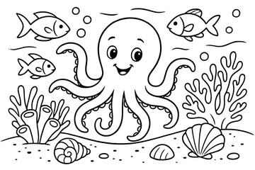 Underwater Cartoon Adventure. Underwater world coloring page: smiling octopus, fish swimming around coral reef, seashells on the