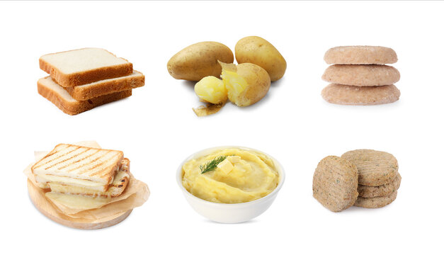 Collection of foods with bland taste isolated on white, set