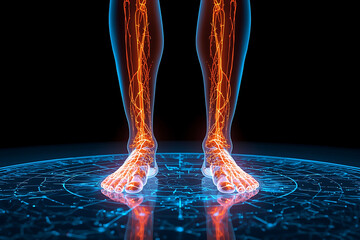 Digital illustration showcases human legs and feet with a transparent skin effect, featuring glowing neural or energy pathways depicted by orange light sparks