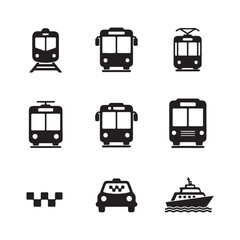 Minimal Public Transportation Icons Set – Silhouette Vector Symbols for Bus, Train, Metro, on white background.