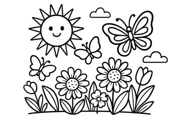 Spring Flowers and Butterflies. Holiday coloring page: spring scene with blooming flowers, butterflies flying, sun shining above,