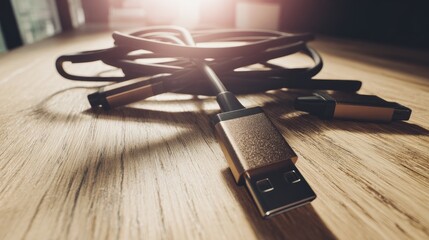 Closeup of usb cables on light brown wooden surface