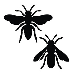 Two silhouetted flying insects likely bees against a white background
