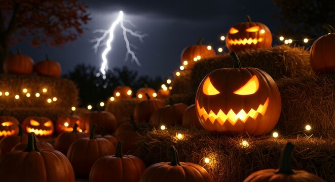 Halloween pumpkins glowing under night storm - Powered by Adobe