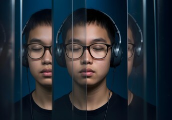 Neurodivergent asian kid boy with headphones and closed eyes fragmented in mirror panels symbolizing introspection emotional silence and sensory disconnection in autism