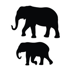 Fototapeta premium Two black silhouette elephants one large adult and one smaller baby walking side by side