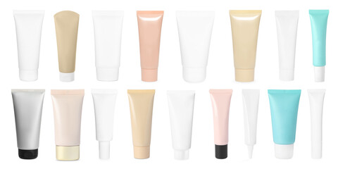 Tubes of different cosmetic products isolated on white, set