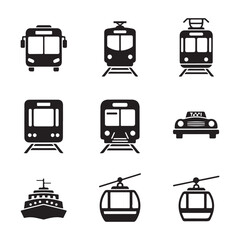 Minimal Public Transportation Icons Set – Silhouette Vector Symbols for Bus, Train, Metro, on white background.