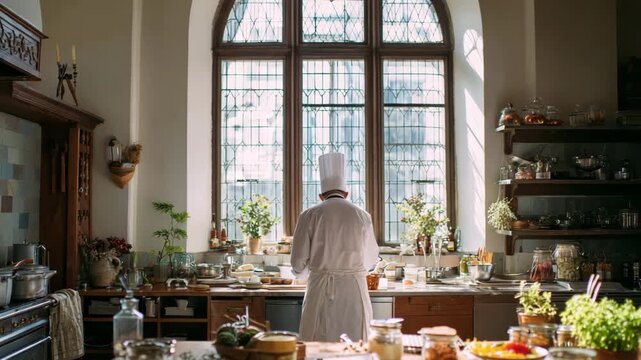 Wide shot features professional chef in white uniform and tall hat standing at sunlit kitchen counter, preparing food in spacious, rustic room with high arched window and shelves filled with pots