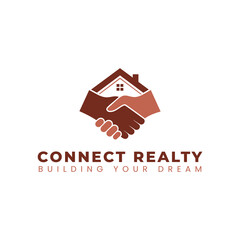 The logo represents the trusted agreement between a home hunter and a seller. It features a handshake with a house in its negative space, symbolizing a successful real estate transaction.