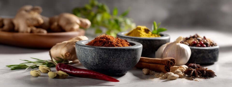 Explore vibrant panorama of spices and herbs for enhancing flavors in culinary dishes