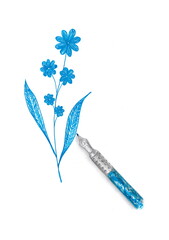 This illustration depicts a fountain pen, from the nib of which a delicate flower design "grows." A stem with several flowers and leaves is drawn in blue ink. .