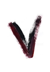 A large brushstroke in the shape of a "V" or a check mark is depicted. The color scheme combines black, burgundy, and reddish tones, creating a sense of strength, contrast, and determination.