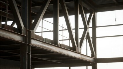 Interior view of a steel-framed industrial structure with large windows and exposed beams