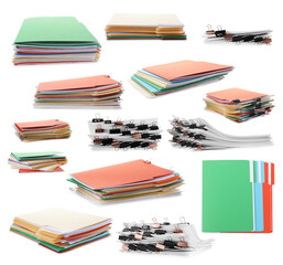 Documents in colorful file folders with binder clips isolated on white, set