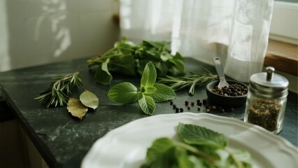 Fresh herbs and spices arranged on a kitchen counter with natural light