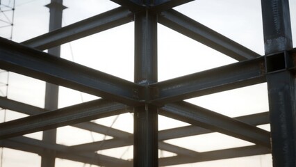 Steel framework structure with intersecting beams against a bright sky