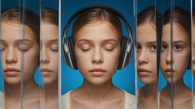 Autistic teen girl woman with noise cancelling headphones neutral face reflected in glass segments showing perceptual disconnection identity layering sound isolation neurodivergent state