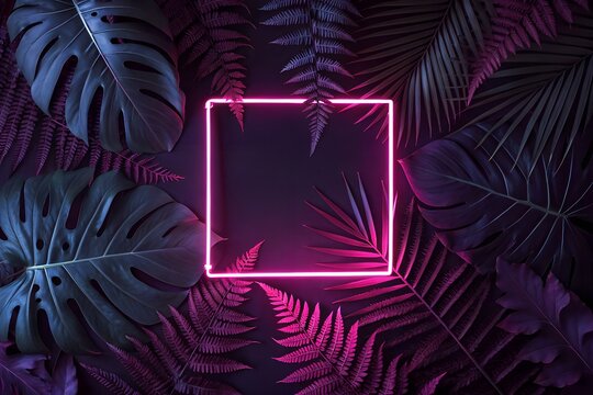 Dark blue and purple tropical leaves beautifully frame a central glowing pink neon square light, creating a vibrant modern background. - Powered by Adobe