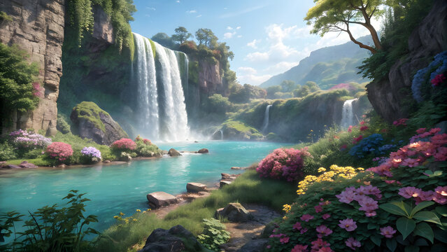 Enchanting waterfall landscape with lush tropical flora vibrant flowers crystal clear turquoise water and majestic rock formations - Powered by Adobe
