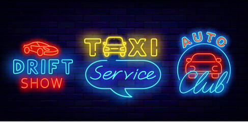 Taxi service neon signs collection. Auto club. Racing tournament. Public auto transportation. Vector stock illustration