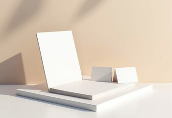 Elegant Minimalist Branding Materials Displayed on Clean Surface with Soft Shadows and Natural Light Enhancing Simple Design Elements