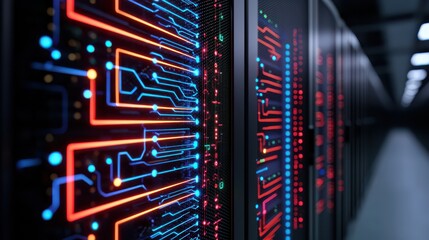 A close-up of a server room wall displaying intricate circuit patterns illuminated in red and blue, suggesting advanced technology and data processing.