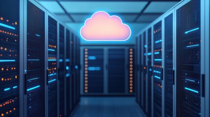 A futuristic data center featuring illuminated server racks and a glowing cloud symbol, representing cloud computing technology.