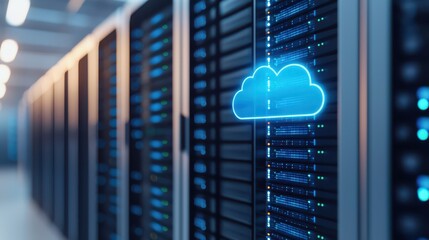 A futuristic server room with illuminated racks and a glowing cloud icon, symbolizing cloud computing and data storage technology.