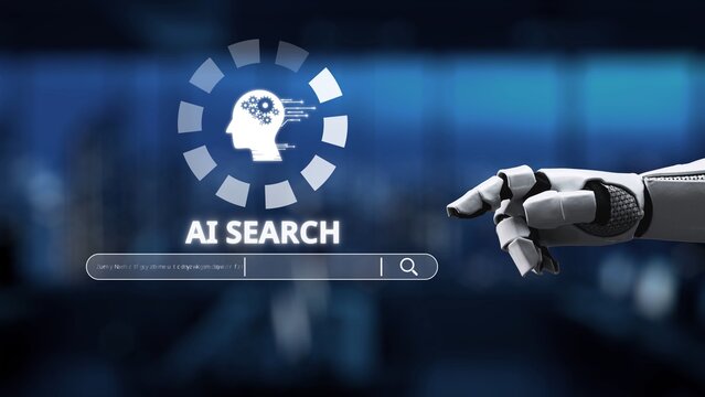 Illustration of a robotic hand pointing at a digital search interface representing artificial intelligence technology, showcasing concepts of innovation and automation in modern society. Synapse