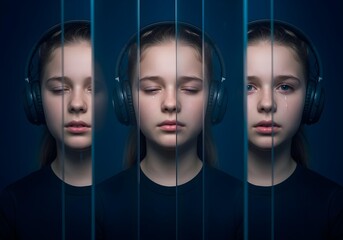 Neurodivergent kid girl with closed eyes and headphones reflected through glass panels showing isolation emotional distance and internal silence in autism spectrum