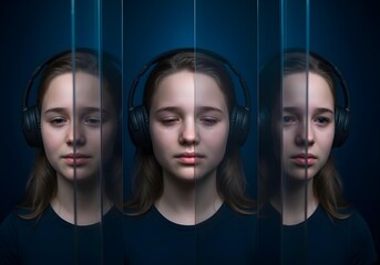 Neurodivergent kid girl with closed eyes and headphones reflected through glass panels showing isolation emotional distance and internal silence in autism spectrum