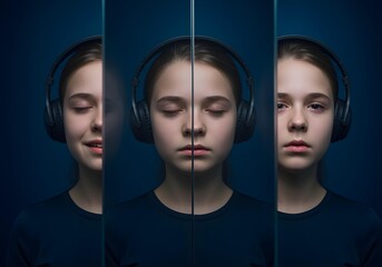 Neurodivergent kid girl with closed eyes and headphones reflected through glass panels showing isolation emotional distance and internal silence in autism spectrum