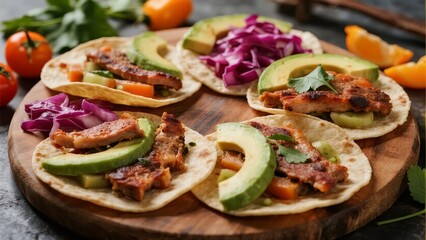 Grilled chicken tacos with avocado, red cabbage, and vegetables on a wooden board