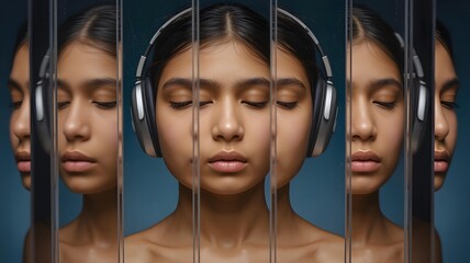 Autistic indian teen girl woman with noise cancelling headphones neutral face reflected in glass segments showing perceptual disconnection identity layering sound isolation neurodivergent state