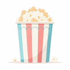 Colorful striped popcorn bucket filled with buttery popcorn  