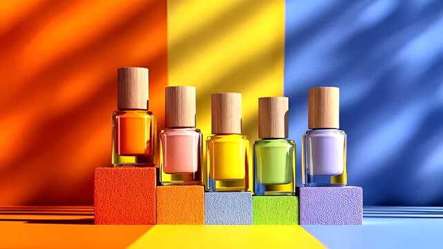 Vibrant nail polishes on colorful blocks against segmented backgrounds cast in shadow. High contrast and bright