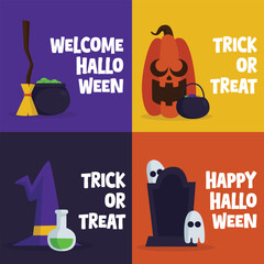 Festive Halloween graphic with cartoon style and vibrant backgrounds featuring witch hat, pumpkin, tombstone, and cauldron ideal for posters, social media posts, and seasonal promotions.