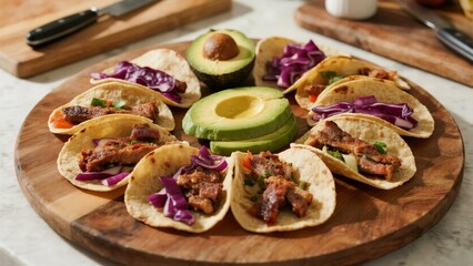 Fototapeta premium A wooden platter featuring grilled meat tacos with purple cabbage and avocado slices, arranged on a kitchen countertop.