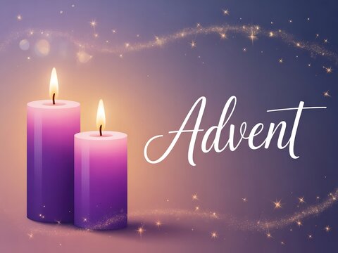 Two glowing purple advent candles with soft bokeh lights and the word advent written in elegant script