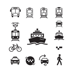 Minimal Public Transportation Icons Set – Silhouette Vector Symbols for Bus, Train, Metro, on white background.
