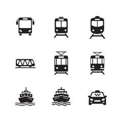 Minimal Public Transportation Icons Set – Silhouette Vector Symbols for Bus, Train, Metro, on white background.