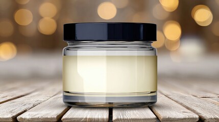 Clear glass jar with blank label on wooden surface