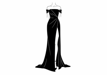 Elegant Black Evening Gown with High Slit and Off-the-Shoulder Design.