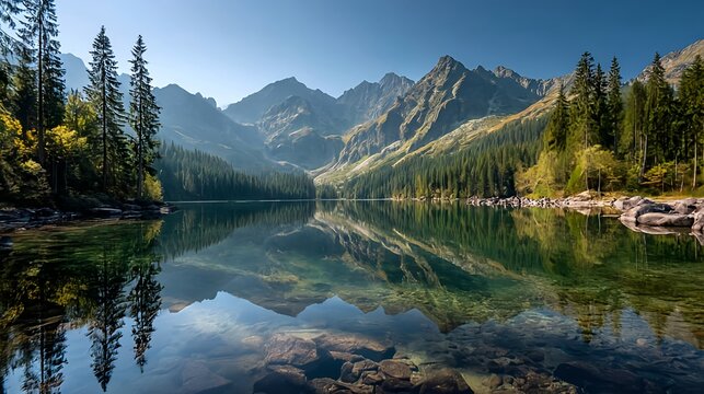 Crystal clear mountain lake reflecting peaks surrounded by pine forest AI-generated