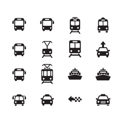 Minimal Public Transportation Icons Set – Silhouette Vector Symbols for Bus, Train, Metro, on white background.