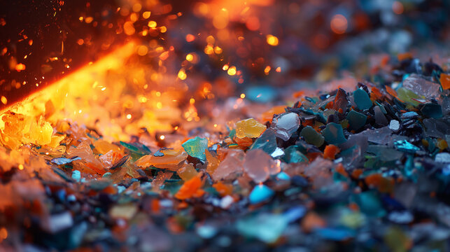  Extreme close-up of shredded plastic flakes entering a thermal depolymerization reactor